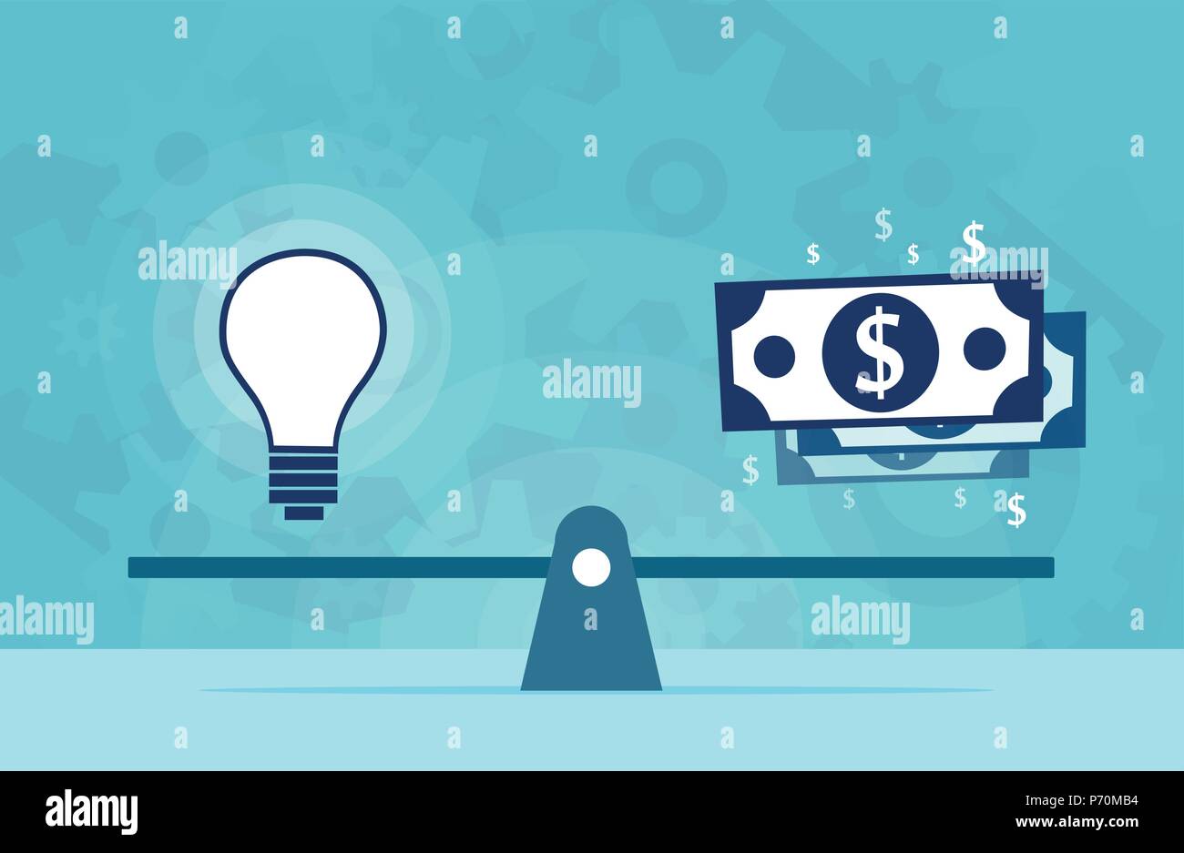 Lampadina della luce idea e denaro su scale. Vector design piatto il concetto di business. Il valore della proprietà intellettuale Illustrazione Vettoriale
