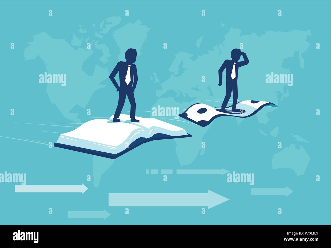 Gli investimenti in istruzione concetto. Vettore di due imprenditori a volare su una banconota del dollaro e un libro aperto. Il concetto di Business illustrazione. Illustrazione Vettoriale
