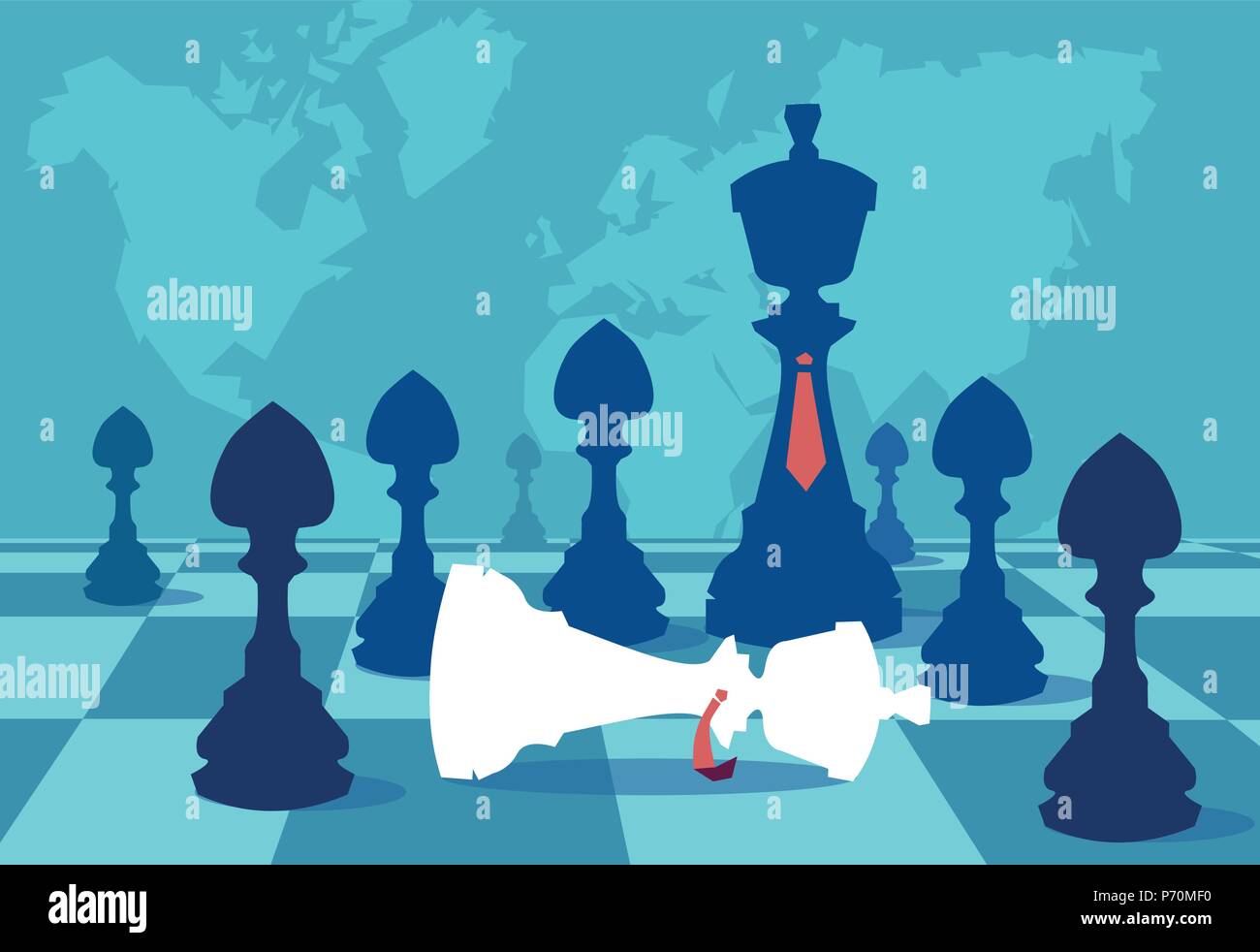 Vettore di una regina nera con pedina esercito e ha sconfitto la regina Bianca, la strategia aziendale concetto. La vittoria in battaglia. Pianificazione e gestione. Illustrazione Vettoriale