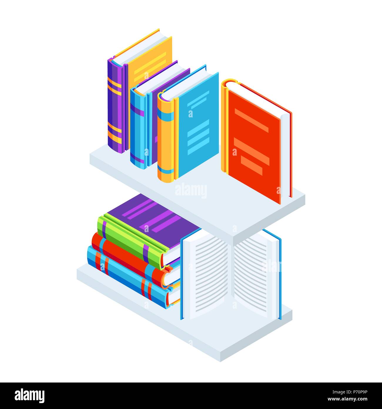 Isometrica, libri su scaffali. Illustrazione Vettoriale