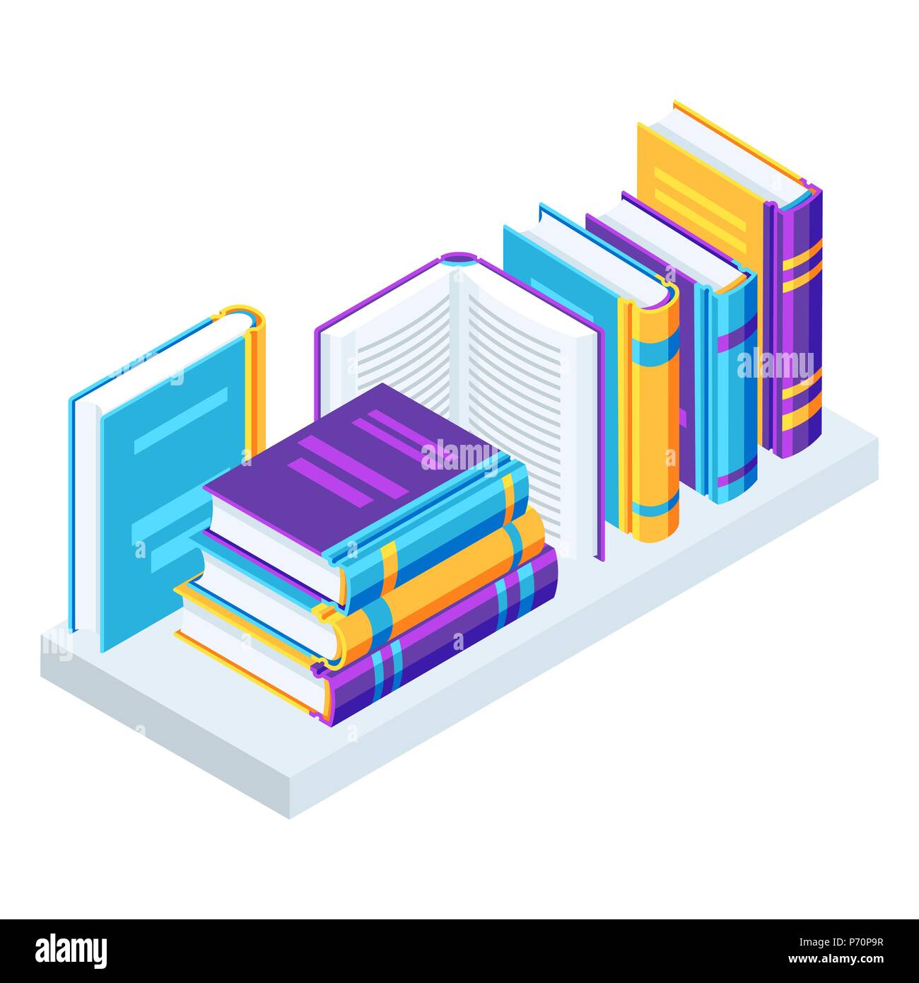 Isometrica, libri su scaffali. Illustrazione Vettoriale