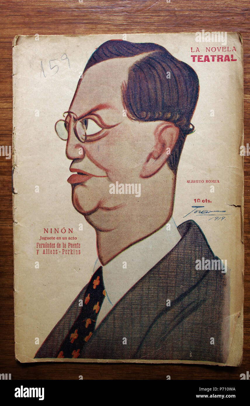 Español: Caricatura de Alberto Romea (de Manuel Tovar) en la portada de La Novela Teatral Año IV. Núm. 159 Madrid. Diciembre de 1919. Inglese: Ritratto di Alberto Romea (da Manuel Tovar) in frontpage de La Novela Teatral anno IV. Problema 159 Madrid. Dicembre 1919. 1919 (2017, fotografia) 5 Alberto Romea (Tovar, 1919) Foto Stock