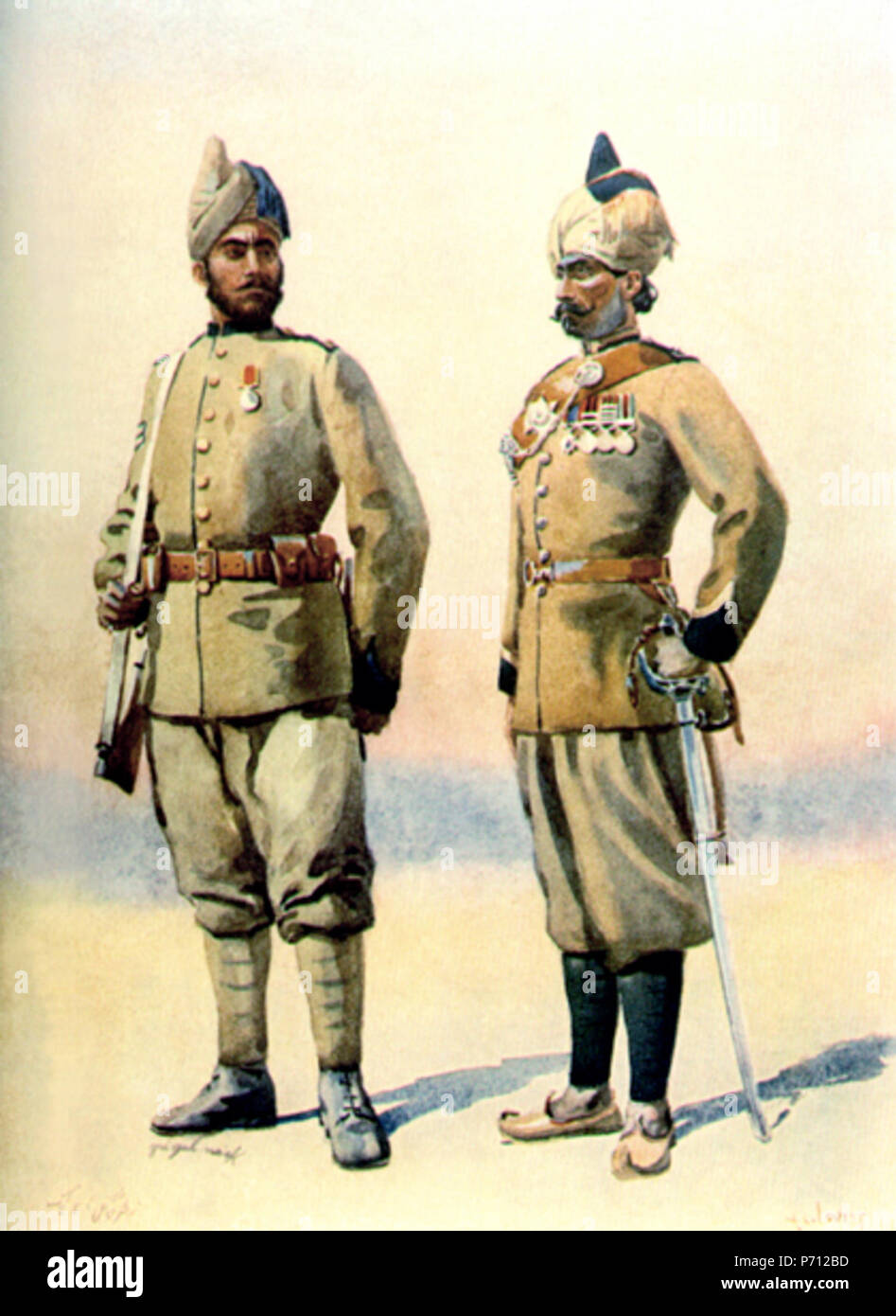 Inglese: "Frontier Force'. Da sinistra a destra: Naik 57th Wilde di fucili e Subedar 53rd sikh. Acquarello di grandi AC Lovett, 1910. Pubblicato in 'gli eserciti di India", 1911. 1911 3 57 (9) &AMP; 53 Sikh (5) Foto Stock