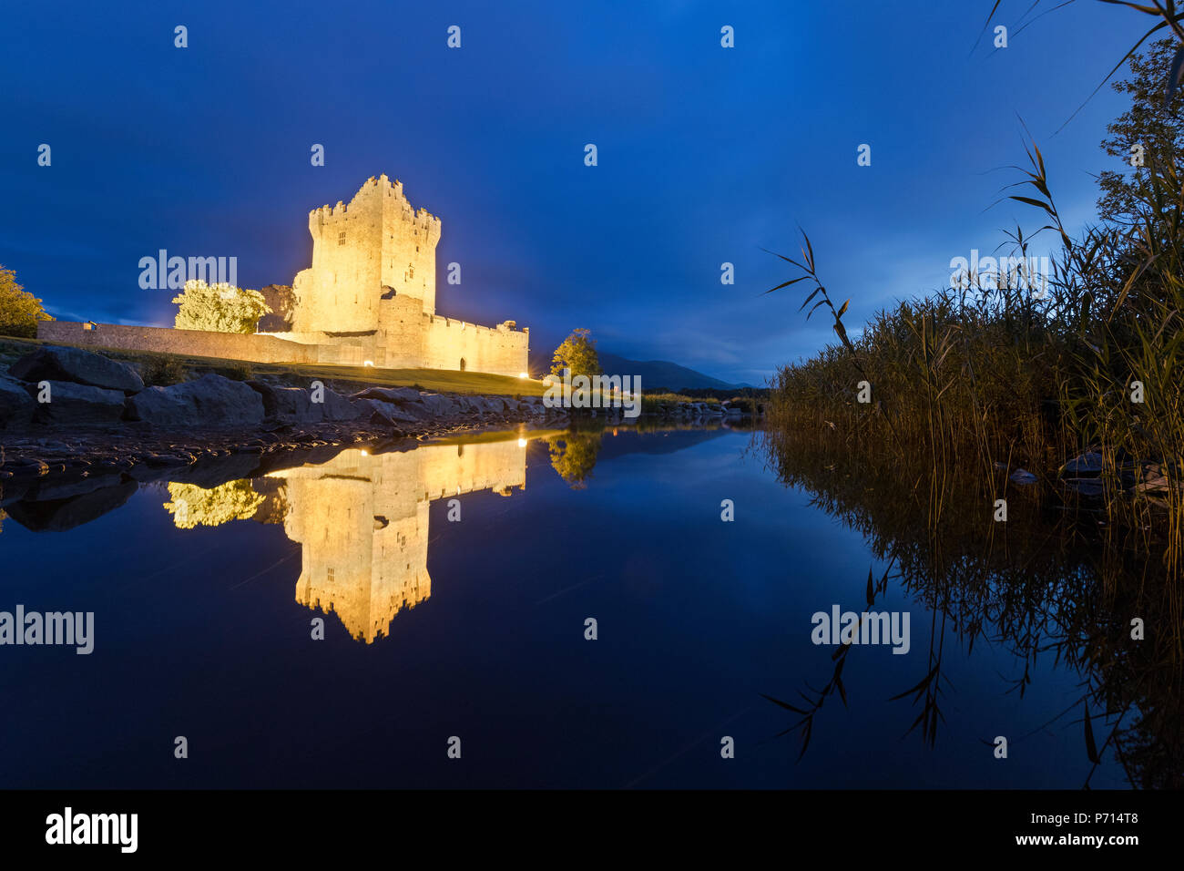 Panoramica del Castello di Ross e Lough Leane Lago, Parco Nazionale di Killarney, nella contea di Kerry, Munster, Repubblica di Irlanda, Europa Foto Stock