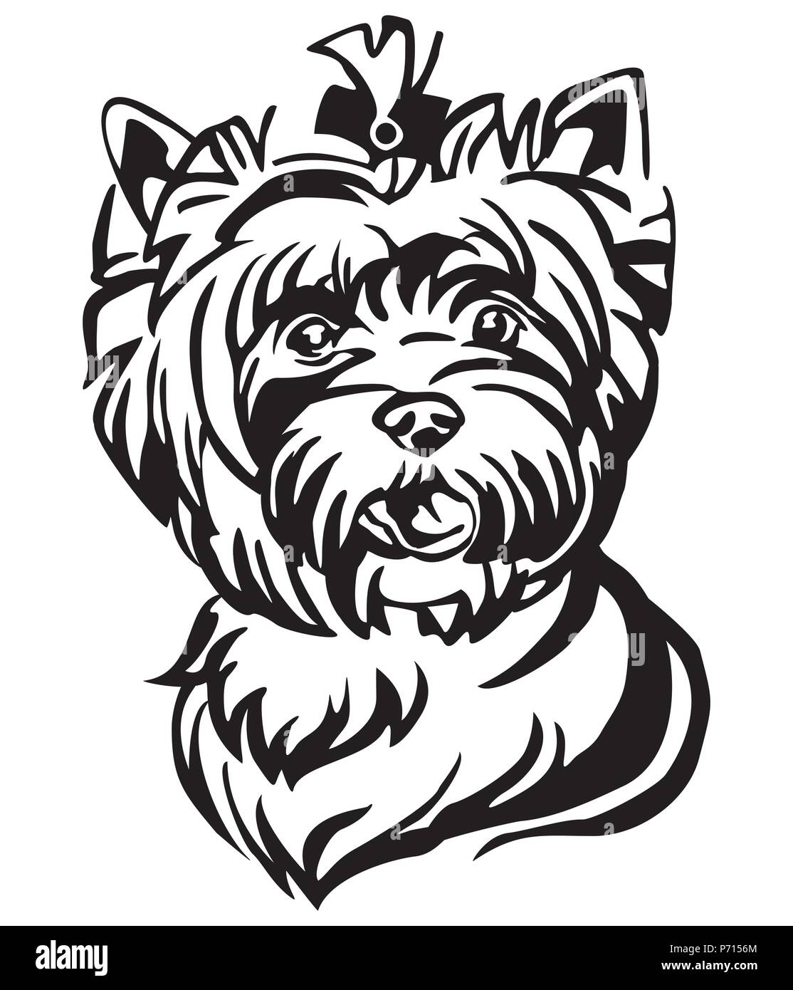 Ritratto decorativo di cane Yorkshire Terrier, vettore isolato illustrazione in colore nero su sfondo bianco. Immagine per design e tatuaggio. Illustrazione Vettoriale
