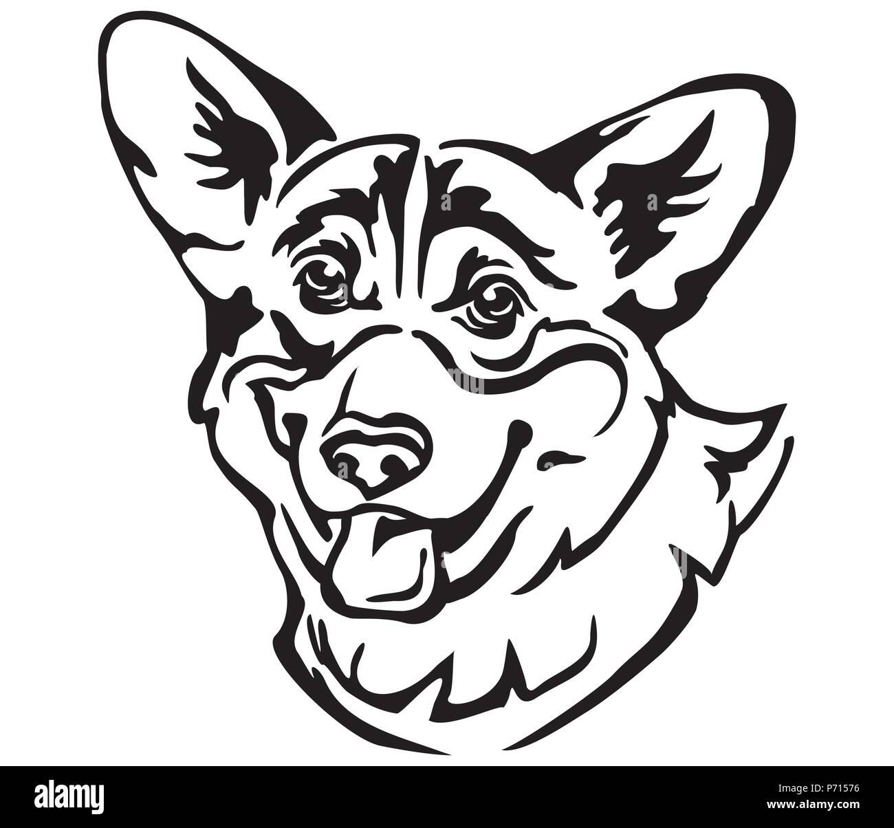 Ritratto decorativo di cane Corgi gallese, vettore isolato illustrazione in colore nero su sfondo bianco. Immagine per design e tatuaggio. Illustrazione Vettoriale