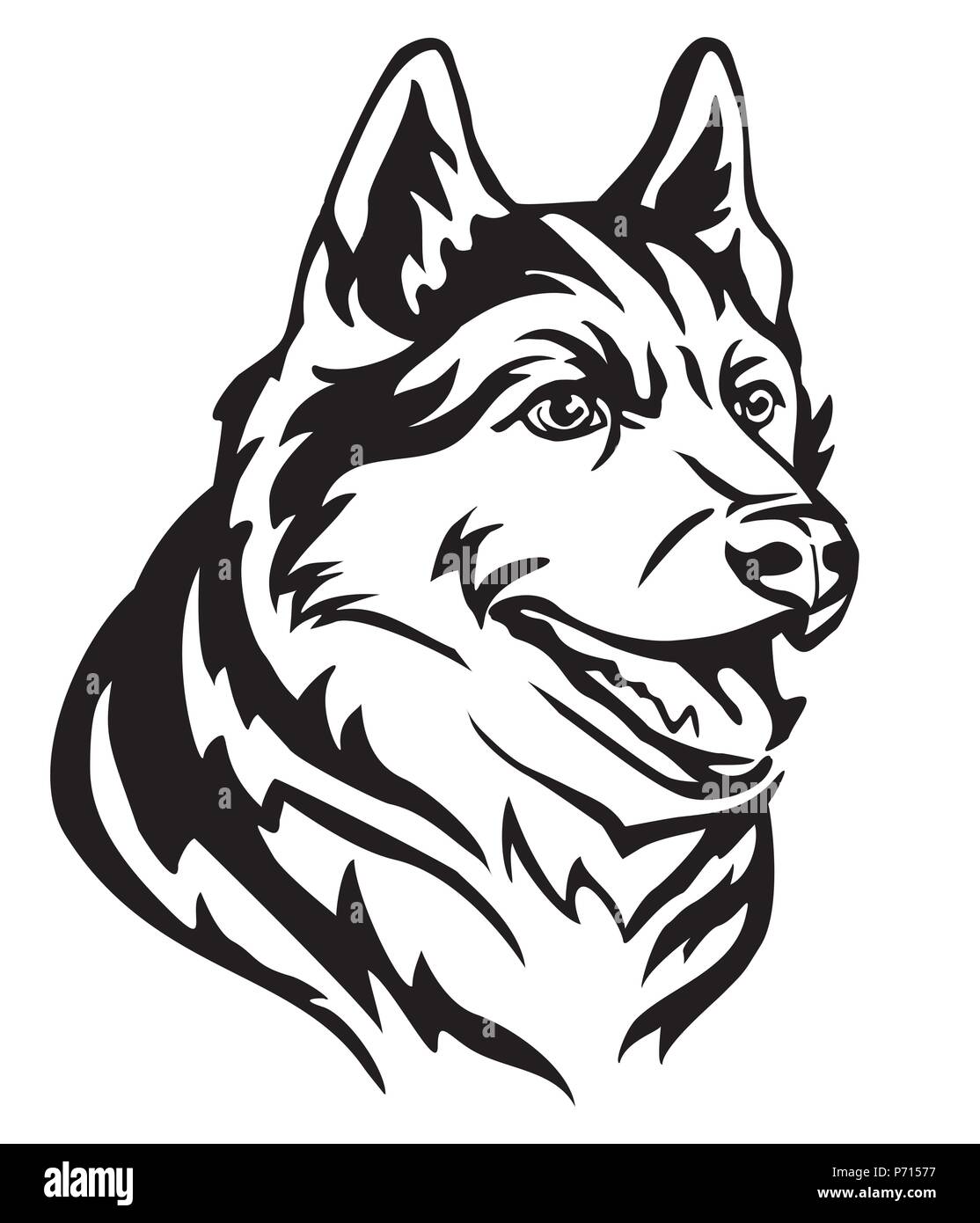 Ritratto decorativo in profilo di cane Siberian Husky, vettore isolato illustrazione in colore nero su sfondo bianco. Immagine per design e tatuaggio. Illustrazione Vettoriale
