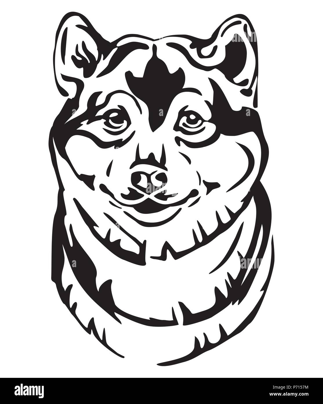 Ritratto decorativo di cane Shiba Inu, vettore isolato illustrazione in colore nero su sfondo bianco. Immagine per design e tatuaggio. Illustrazione Vettoriale