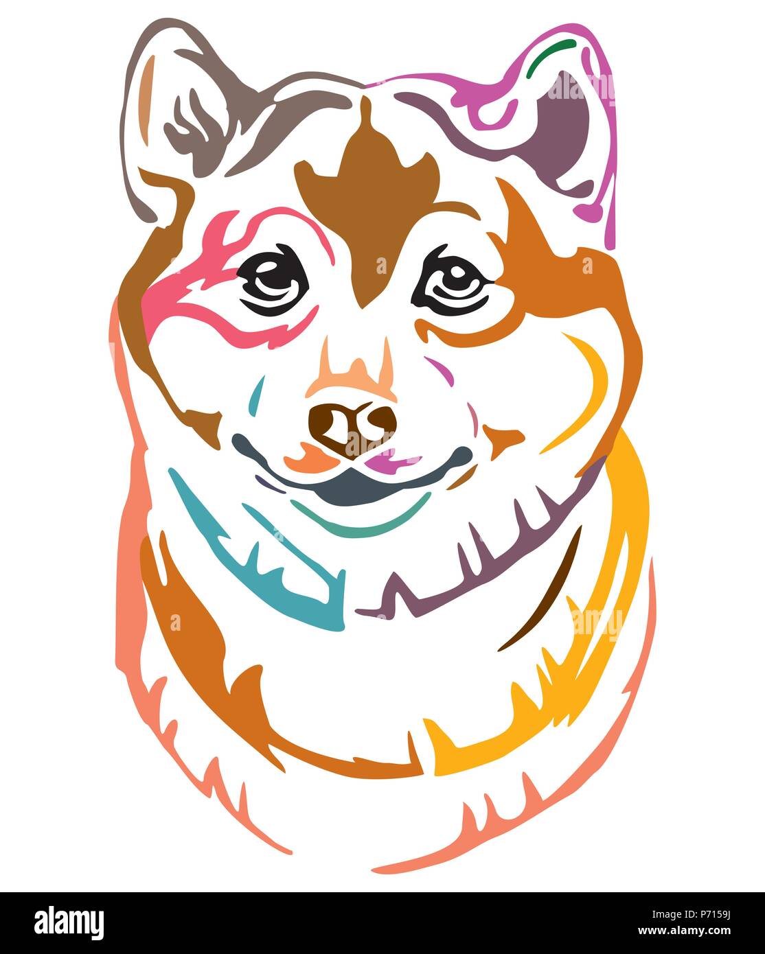 Decorativo colorato ritratto di cane Shiba Inu, illustrazione vettoriale in colori diversi isolati su sfondo bianco. Immagine per design e tatuaggio. Illustrazione Vettoriale