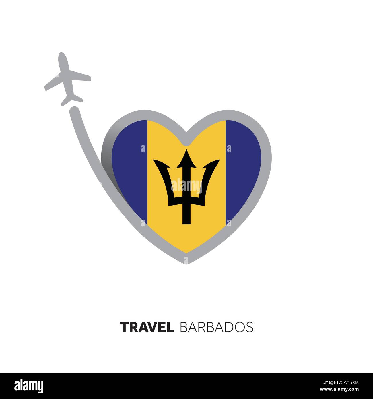 Barbados concetto di viaggio. Forma di cuore bandiera con l'aereo Illustrazione Vettoriale