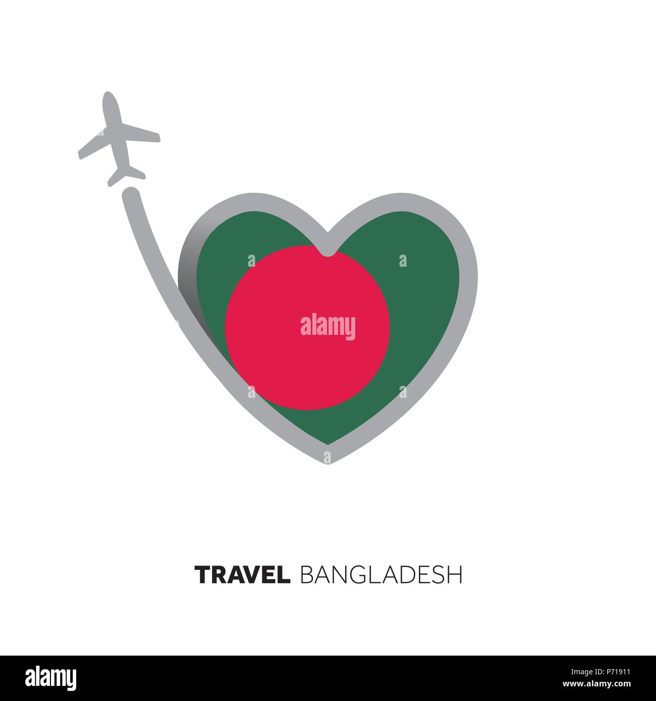Bangladesh concetto di viaggio. Forma di cuore bandiera con l'aereo Illustrazione Vettoriale