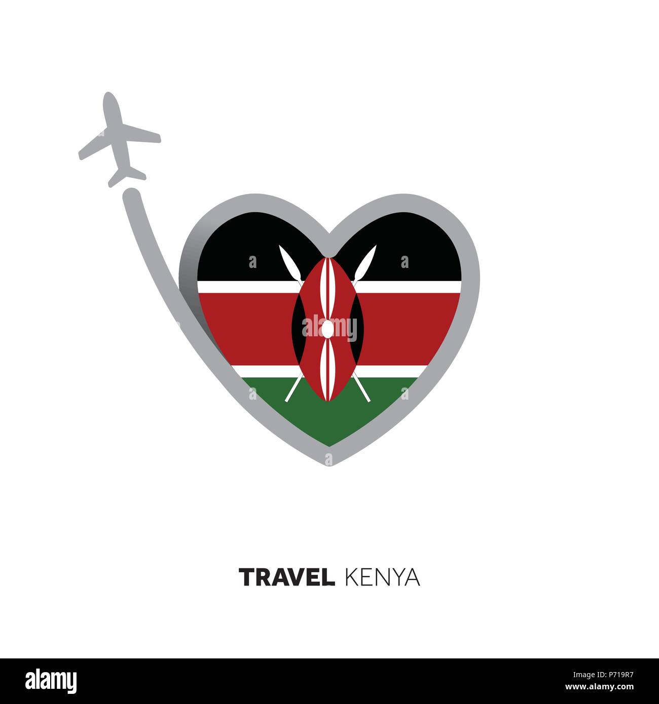 Kenya travel concept. Forma di cuore bandiera con l'aereo Illustrazione Vettoriale