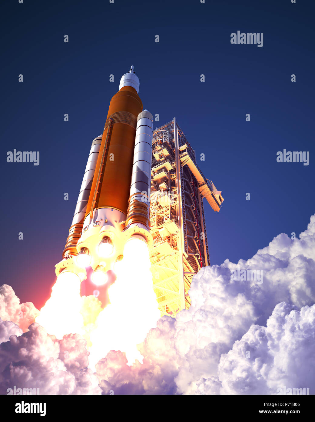 American Space Launch System prende il largo. 3D'illustrazione. Foto Stock