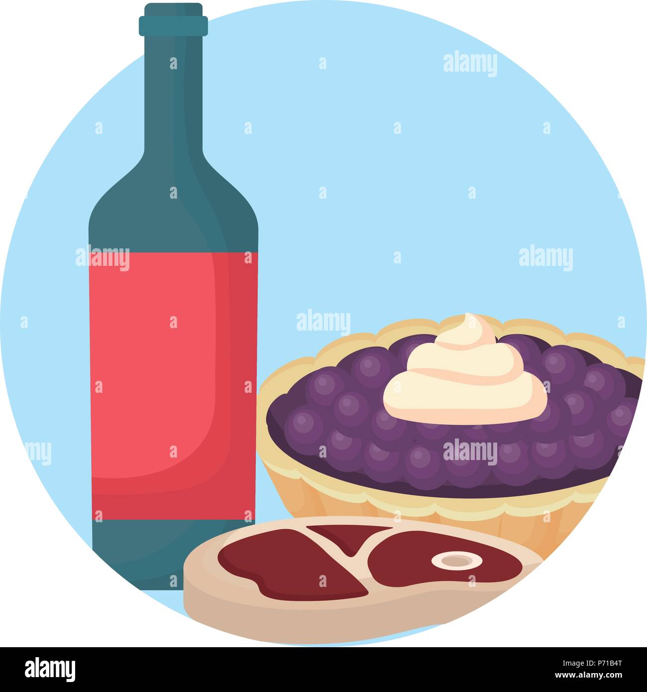 Bottiglia di vino con torta dolce e bistecca su sfondo bianco, illustrazione vettoriale Illustrazione Vettoriale