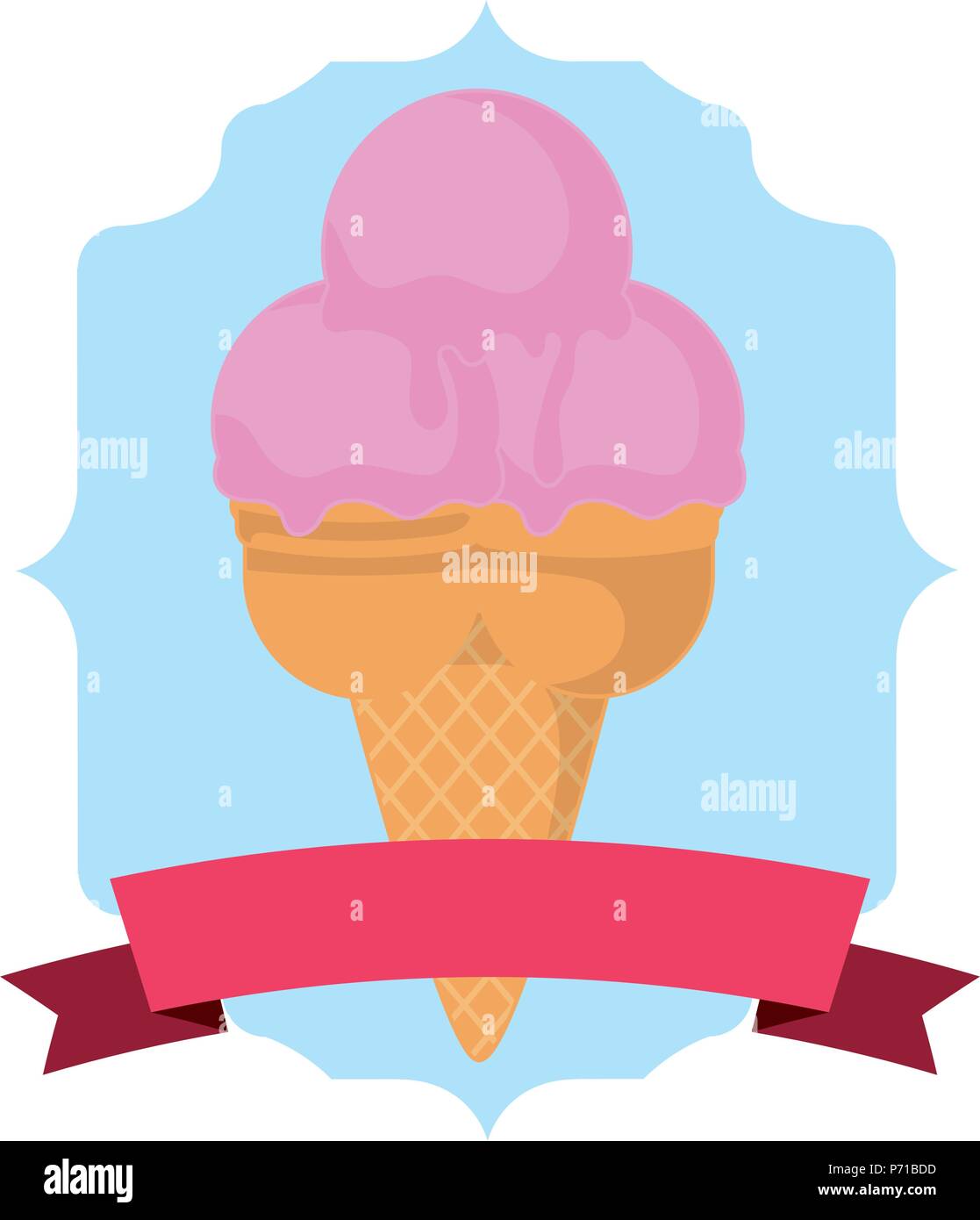 Gelato alla crema con tre scoop su cornice decorativa e il nastro e lo sfondo bianco, illustrazione vettoriale Illustrazione Vettoriale
