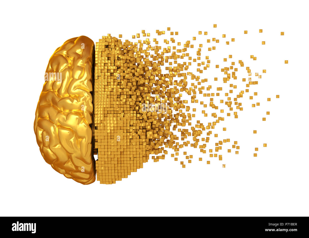 Disintegrazione di Golden cervello digitale su sfondo bianco. 3D'illustrazione. Foto Stock