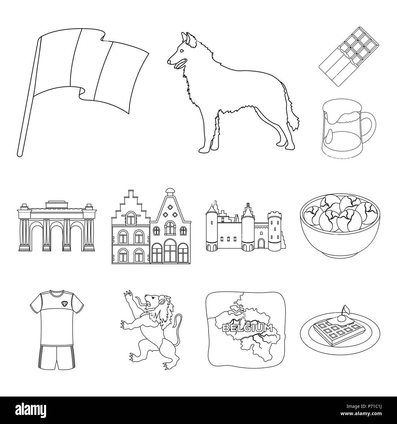 Paese Belgio delineare le icone nella raccolta di set per design.Travel e attrazioni Belgio simbolo vettore illustrazione stock. Illustrazione Vettoriale