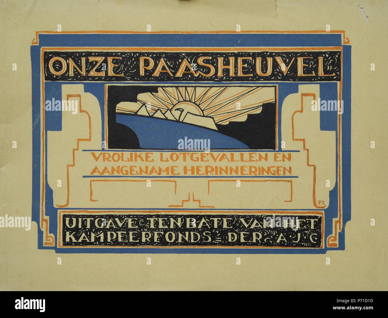 Nederlands: Onze paasheuvel : vrolike lotgevallen en aangename herinneringen. Uitgave ten bate van het Kampeerfonds der AJC 1923. Illustratie Fré Cohen, uitgave AJC . 1923 38 Onze Paasheuvel Foto Stock