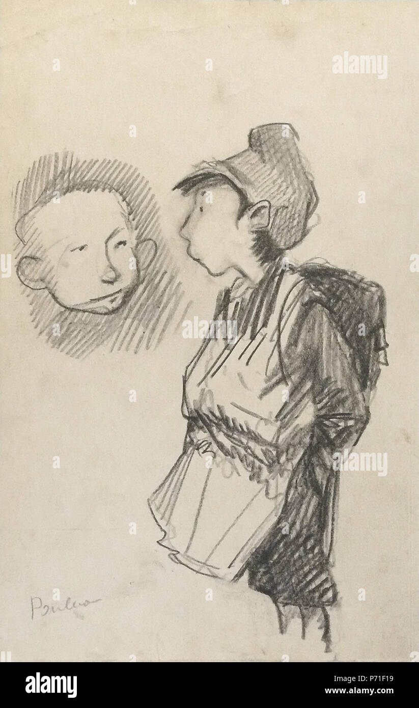 41 Poulbot F. (De ou attribué à manière de Après ) - carboncino, matita - Enfant au cartable - 21x13,5 cm Foto Stock