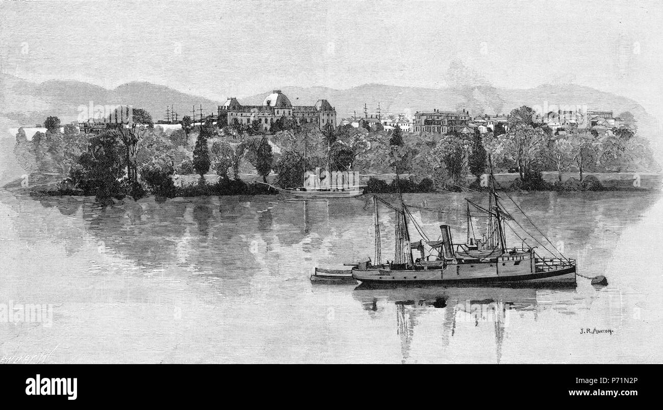 Incisione di Brisbane Botanical gardens visto dalla terrazza sul fiume e, Queensland, Australia. Dal pittoresco Atlas dell Australasia Vol 2, 1886 Foto Stock
