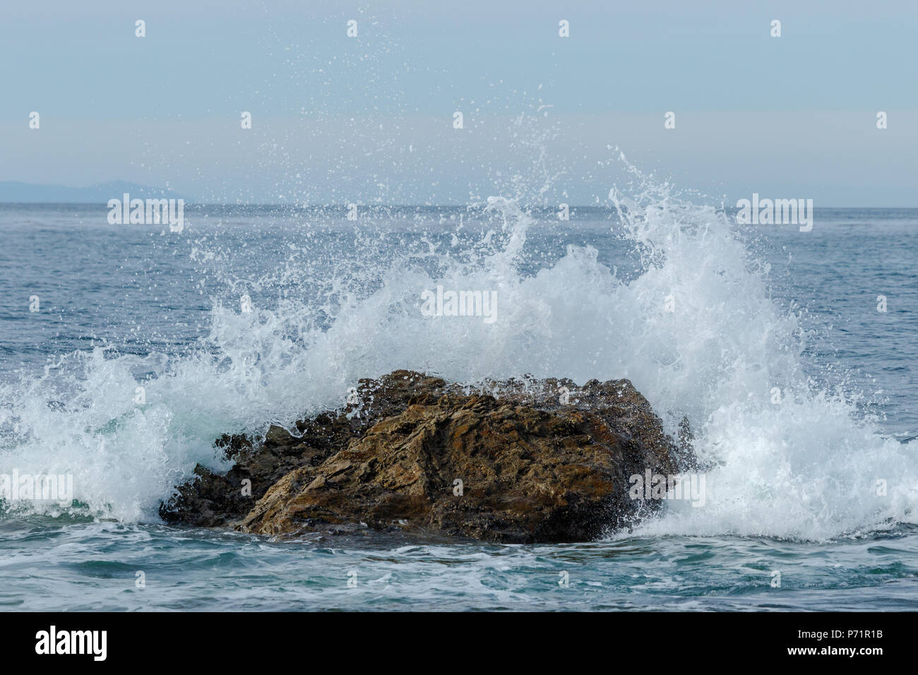 Rottura d'onda su una roccia appena offshore che è stato esposto dalla bassa marea. In Crystal Cove parco statale, Laguna Beach in California Foto Stock