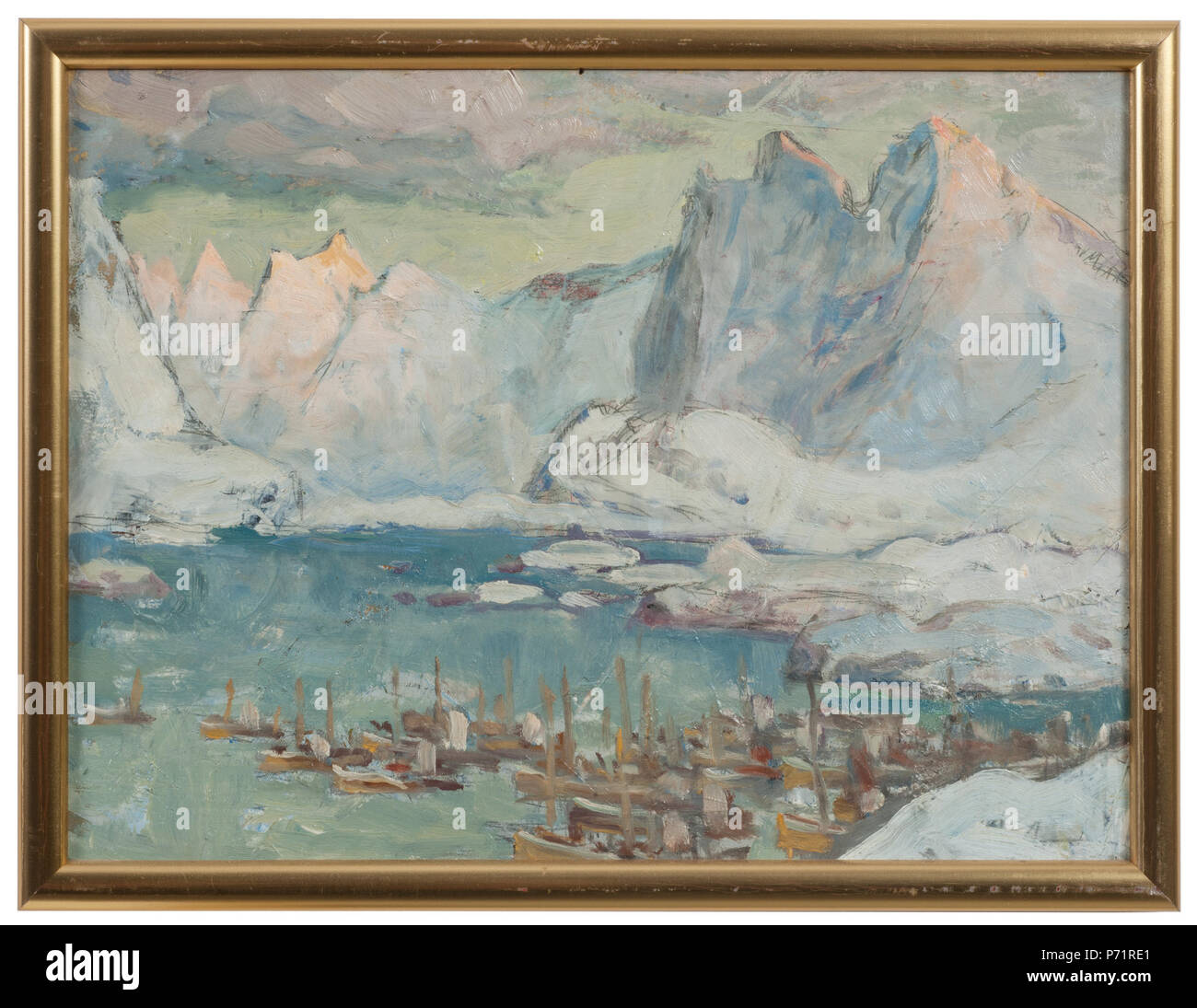 . Inglese: Svolvaer porto all'altezza della stagione di pesca.Studio da Lofoten Svenska: Svolvaers hamn sotto storfisket. Studie från Lofoten 1934 220 Svolvaer porto all'altezza della stagione di pesca.Studio da Lofoten (Anna Boberg) - Nationalmuseum - 20516 Foto Stock