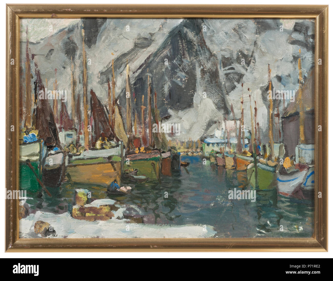 . Inglese: Tra le barche da pesca a Svolvaer. Studio da Lofoten Svenska: blanda fiskebåtar ho Svolvaer. Studie från Lofoten 1934 9 tra le barche da pesca a Svolvaer. Studio da Lofoten (Anna Boberg) - Nationalmuseum - 20521 Foto Stock