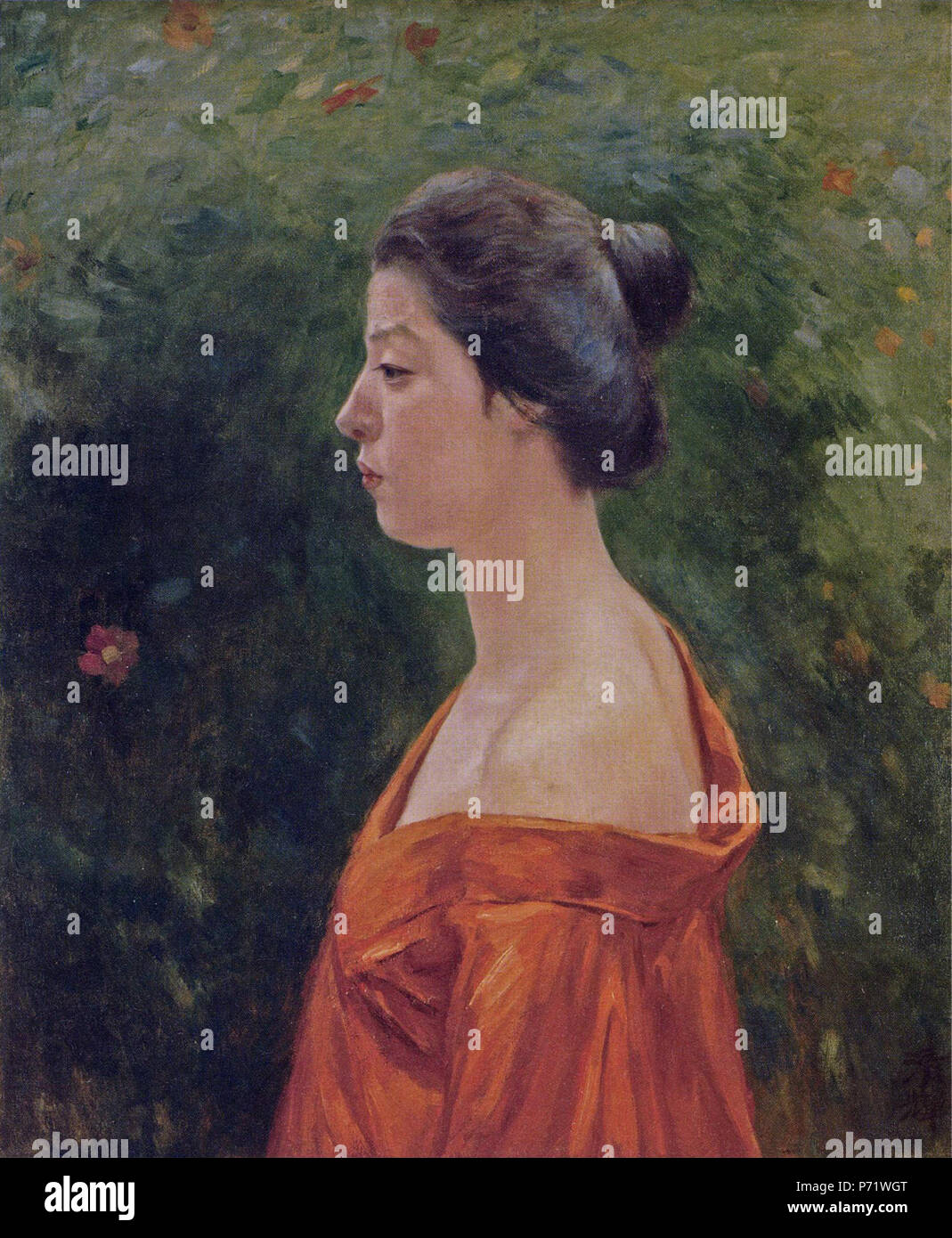 Inglese: Woman in Red abbigliamento, da Kuroda Seiki, Reimeikan, Prefettura di Kagoshima Centro per il materiale storico, Kagoshima, Kagoshima, Giappone 日本語: 赤き衣を着たる女 黒田清輝筆 . 1912 230 Woman in Red Abbigliamento da Kuroda Seiki Foto Stock