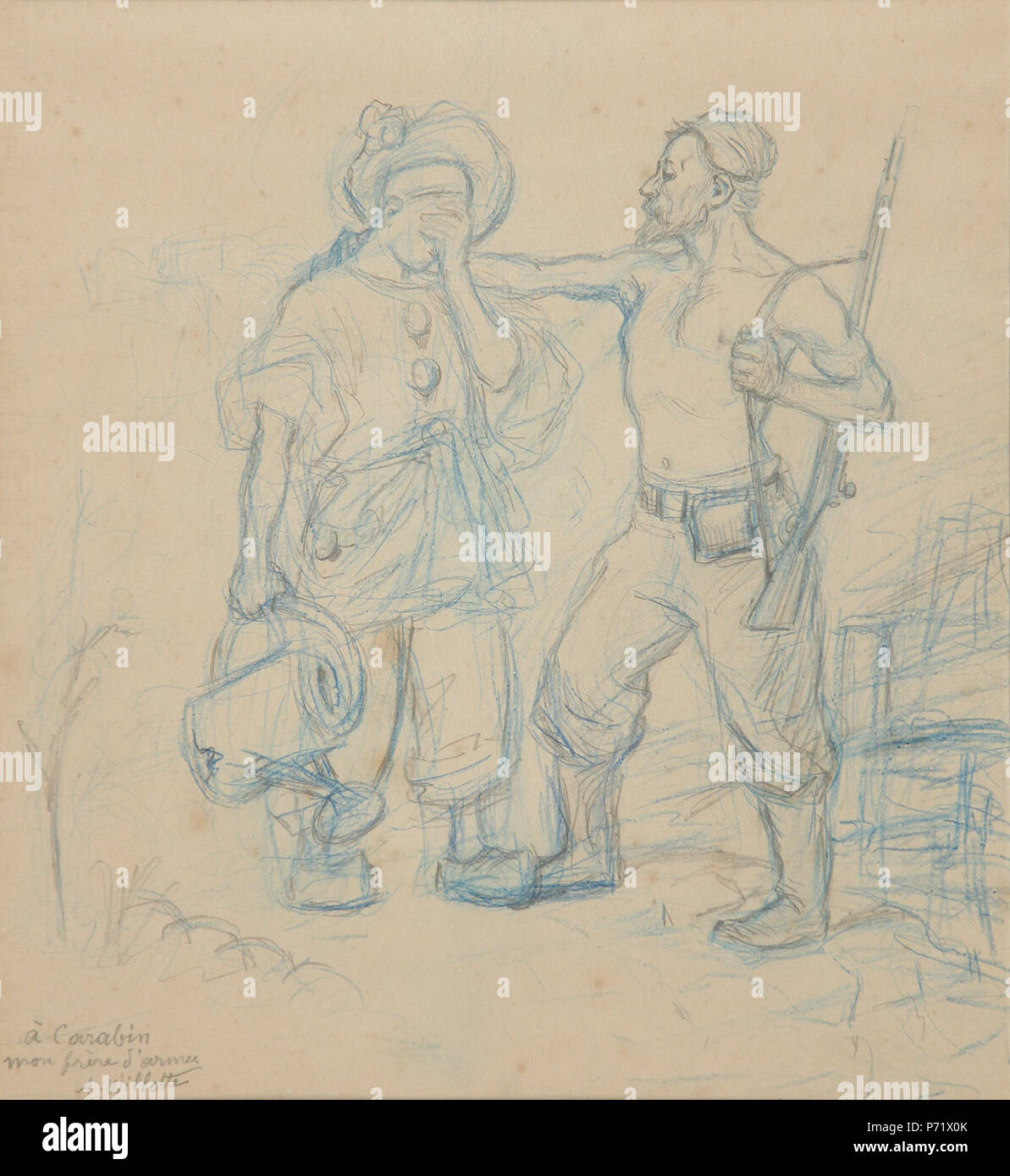 Français : Willette A. - Blu e nero matite - Soldat consolant Pierrot - 24x22cm; ce dessin porte la dédicace suivante: 'Un Carabin mon frère d'armes"; il data de 1891 ou très peu après. Le dédicataire n'est autre que François-Rupert Carabin, qui devint onu des Amis proches de Willette vers 1885. Le 6 juillet 1888 paraît le 1er numéro du journal " Le Pierrot " avec Emile Goudeau comme rédacteur en chef ; mais dès décembre 1888, Willette imprime seul le journal dont il supervisionare la publicité et pour lequel il assumere en outre la rédaction en chef, la première page rédigée et les illustrazione Foto Stock