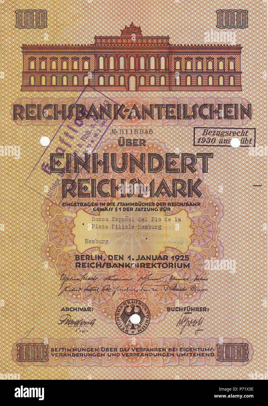 Deutsch: Reichsbank-Anteilschein über 100 RM vom 1. Januar 1925 . 1 gennaio 1925 6 Reichsbank 1925 Foto Stock
