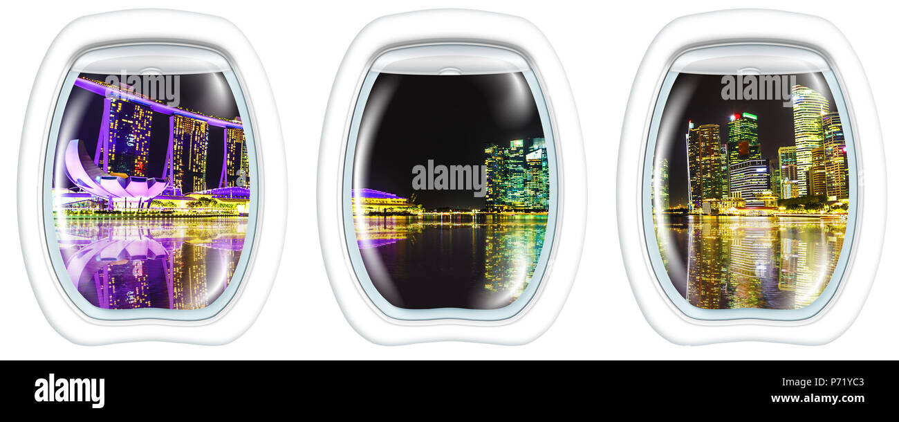 Tre oblò frame windows sul panorama di Singapore edifici e grattacieli del centro cittadino di riflesso nel mare. Lo skyline di Singapore di notte. Scena notturna waterfront marina bay con copia spazio. Foto Stock