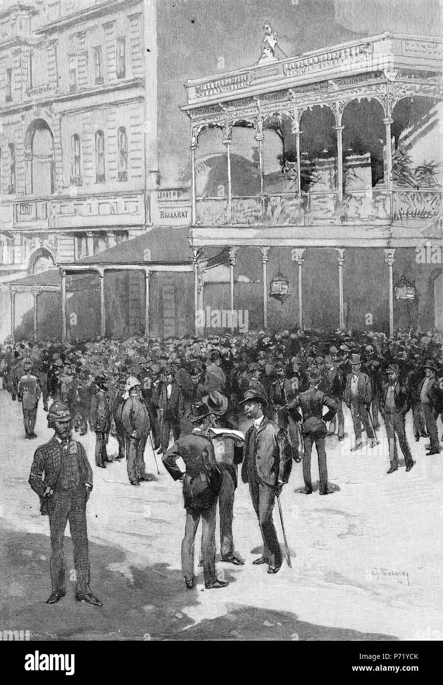 Incisione di speculatori presso "l'angolo' in Ballarat in Victoria, Australia. Dal pittoresco Atlas dell Australasia Vol 2, 1886 Foto Stock