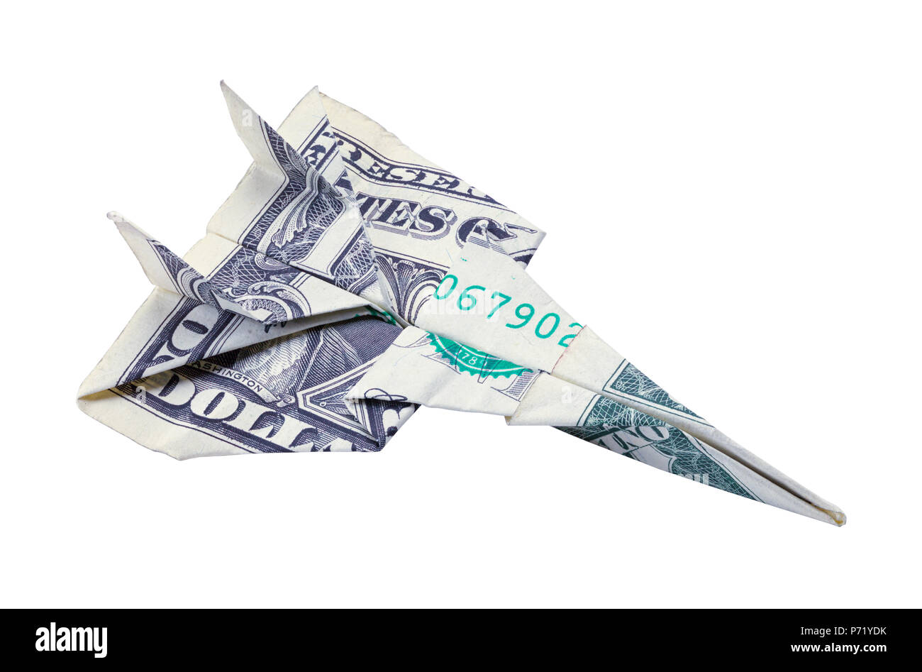 Una Doller Bill aeroplano di carta isolato su uno sfondo bianco. Foto Stock