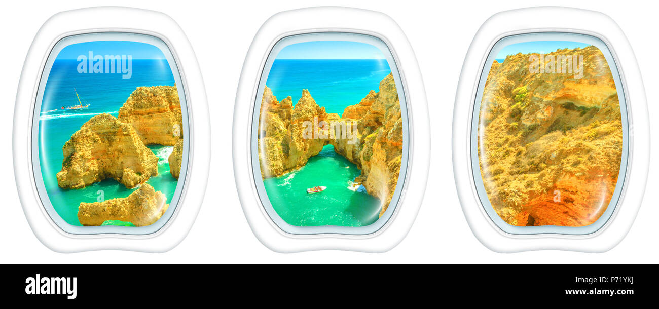 Oblò telaio interno di Windows a volare su Ponta da Piedade a Lagos, Algarve, Portogallo. Volo panoramico sopra paesaggio panoramico del viaggio in barca tra le scogliere vista aerea con sfondo bianco spazio copia. Foto Stock