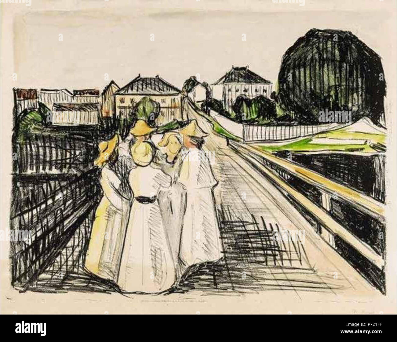 Inglese: sul ponte 1912, mano litografia colorata su carta vergata da Edvard Munch, 15.75 x 20 7/8 Deutsch: Auf der Brücke. Gerd Woll: Edvard Munch. Werkverzeichnis der Graphik. No. 416 . 1912 13 Edvard Munch (1863-1944) sul ponte 1912. Mano litografia colorata su carta vergata 15.75 x 20 7 8 Foto Stock