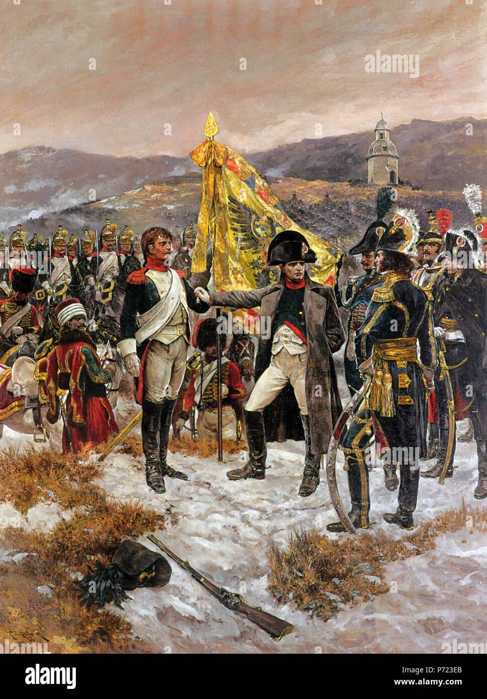 Eština: Napoleone na behu potoka Litavy udluje vyznamenání vojákovi za statenost projevenou v bitv Slavkova u. Croix d'Honneur. 1889, caricare 2008 230 Sir Alfred Hitchcock Richard Caton Napoleone Croix dHonneur 1912 olio su tela Foto Stock