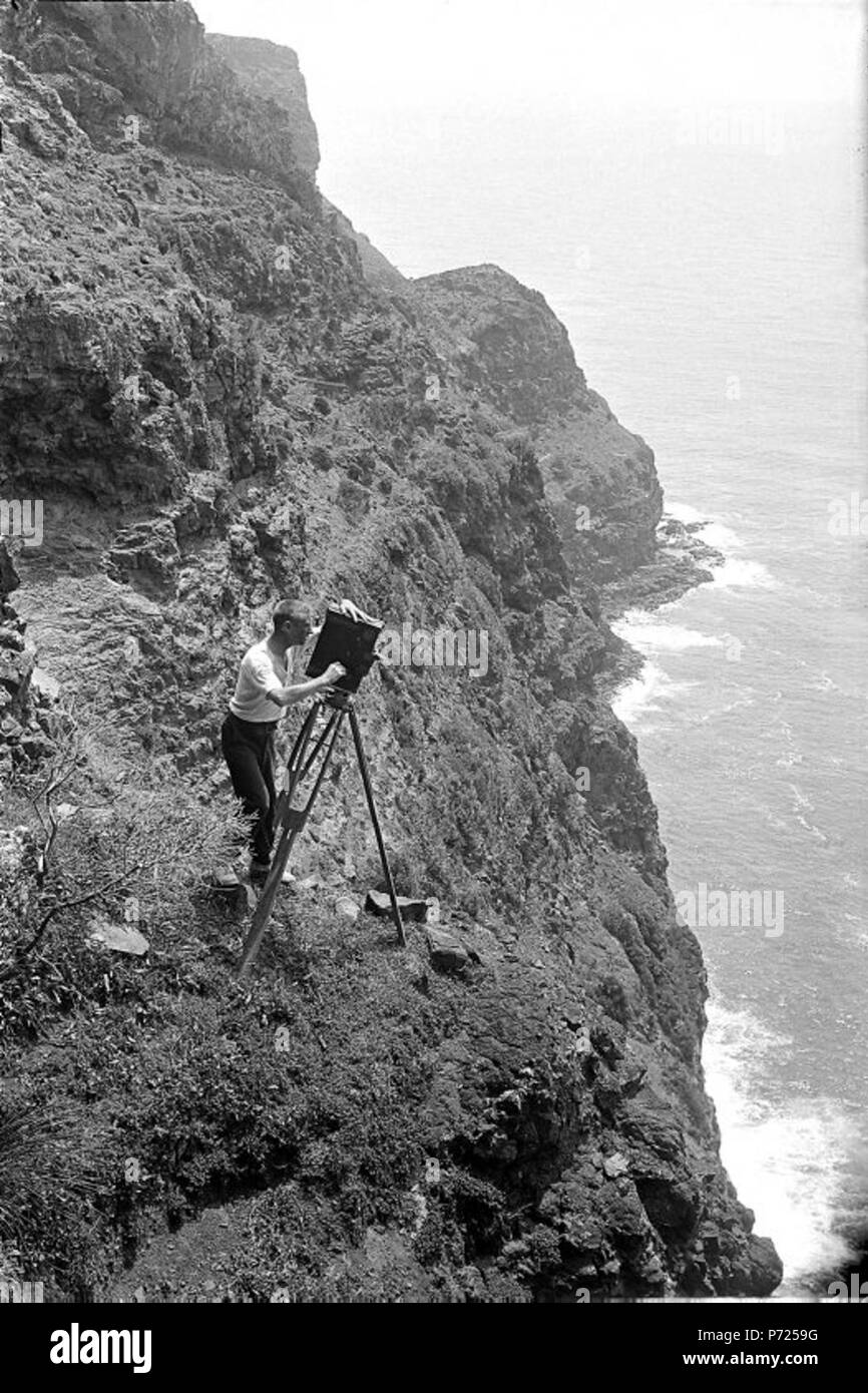 Inglese: Allan Riverstone McCulloch utilizzando una macchina fotografica del film sul Monte Gower, Isola di Lord Howe . 1921 1 Allan Riverstone McCulloch utilizzando una fotocamera cine sull Isola di Lord Howe Foto Stock