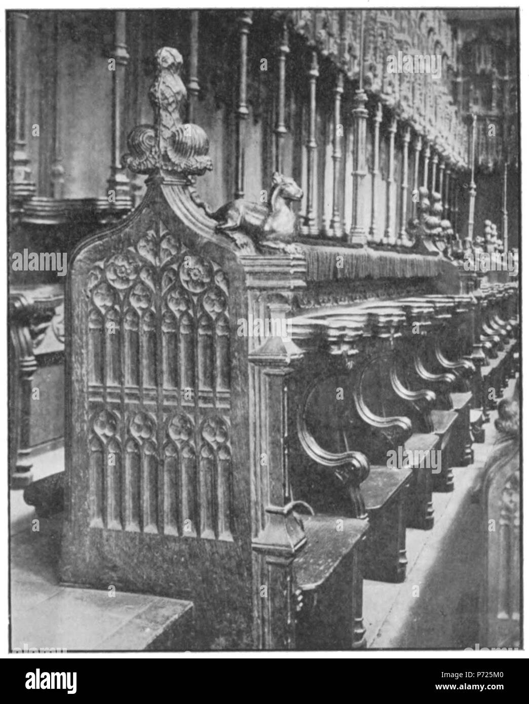 Inglese: bancarelle a Beverley Minster, Beverley, East Riding of Yorkshire, Inghilterra. 1910 84 sculture in legno in inglese chiese II-003R Foto Stock