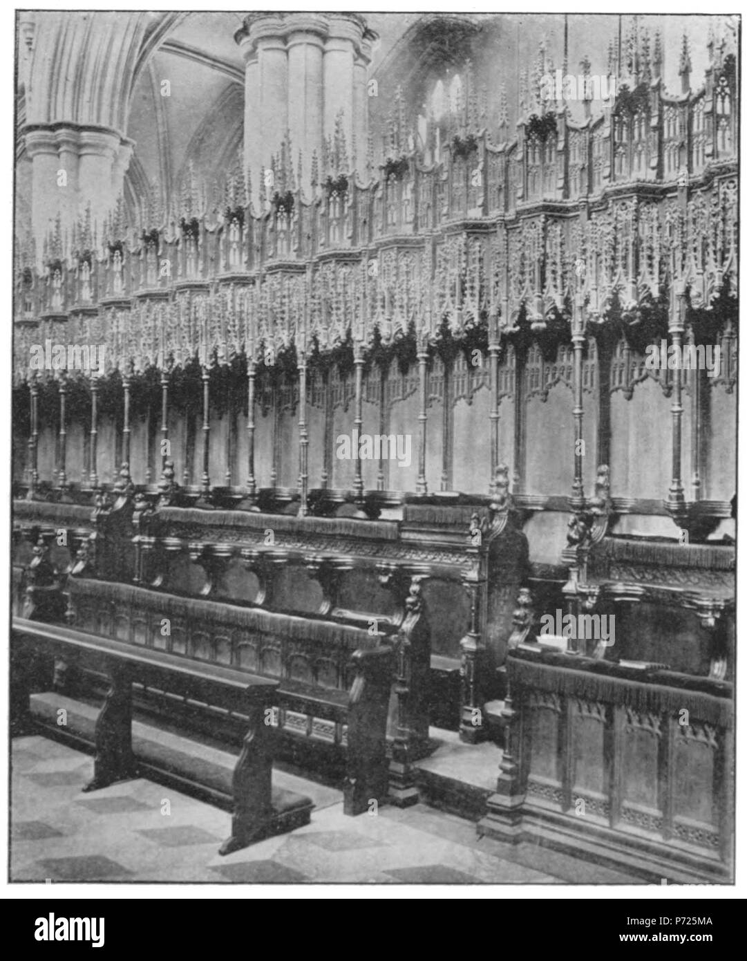 Inglese: bancarelle a Beverley Minster, Beverley, East Riding of Yorkshire, Inghilterra. 1910 84 sculture in legno in inglese chiese II-063 Foto Stock
