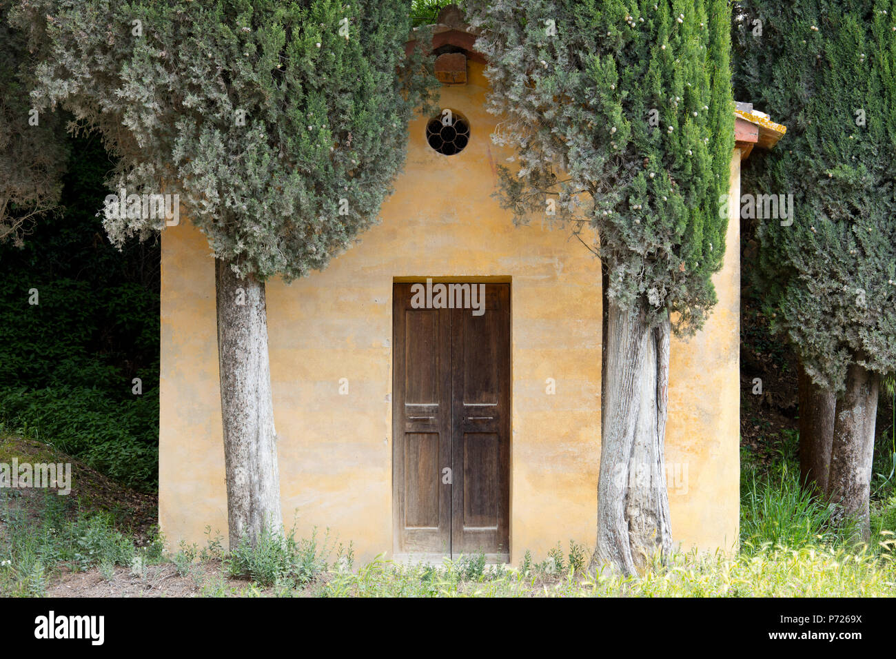 Una piccola cappella toscano circondato da cipressi vicino a Lucignano d'Asso, Toscana, Italia, Europa Foto Stock