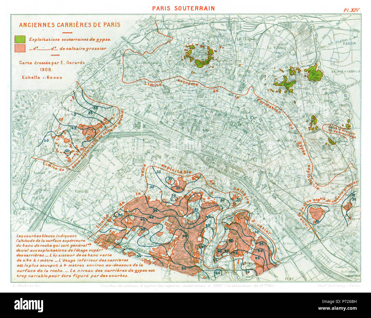 Mappa di Parigi " Mina sotterranea sfruttamenti, da Emile Gérards, pubblicato 1908. Inglese: ex miniere di Parigi Inglese (en): Metropolitana sfruttamenti di gesso Calcare sotterraneo sfruttamenti mappa elaborata da Émile Gérards 1908 Scala: 1:60.000 Limite extrême de la formation de gypse sfruttabili : limite estremo di sfruttabili depositi di gesso limite de la zona sfruttabili du calcaire grossier : sfruttabili deposito di calcare limiti di zona la zona d'erosione et de brouillage : zona di erosione senza distinto formazioni geologiche Courbes de niveau d'après les repères antérieurs à 1907 (à diminue Foto Stock