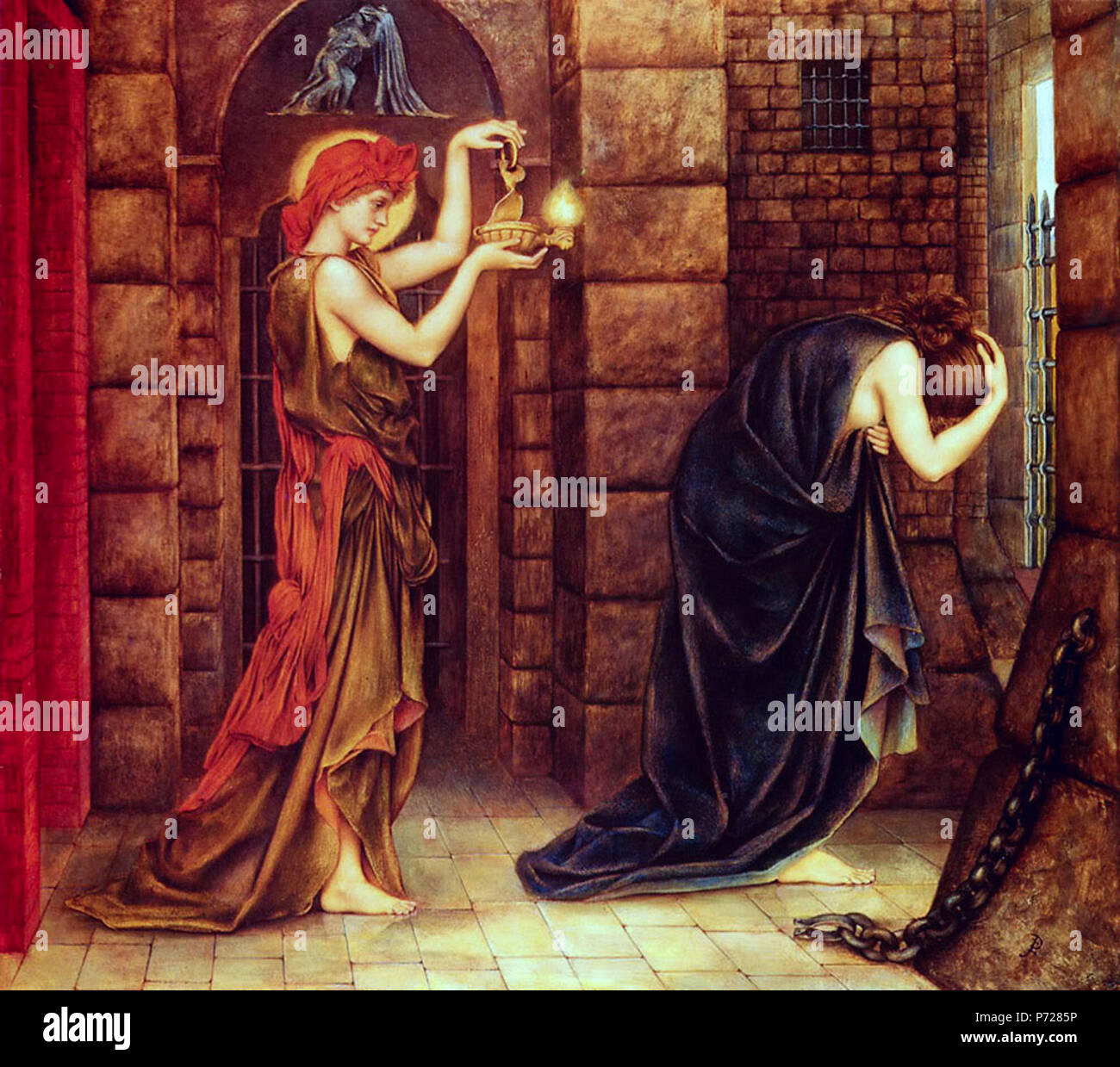 . La speranza in una prigione della disperazione . allegorico, pre-raphaelite pittura che mostra la speranza come una donna o molto giovane in possesso di una lampada, di entrare nel dungeon dove la disperazione è mostrato come un'altra figura umana si prostrò con dolore. La speranza di saint-come halo suggerisce il comfort portato dalla fede religiosa. 1887 58 la speranza in una prigione della disperazione Foto Stock