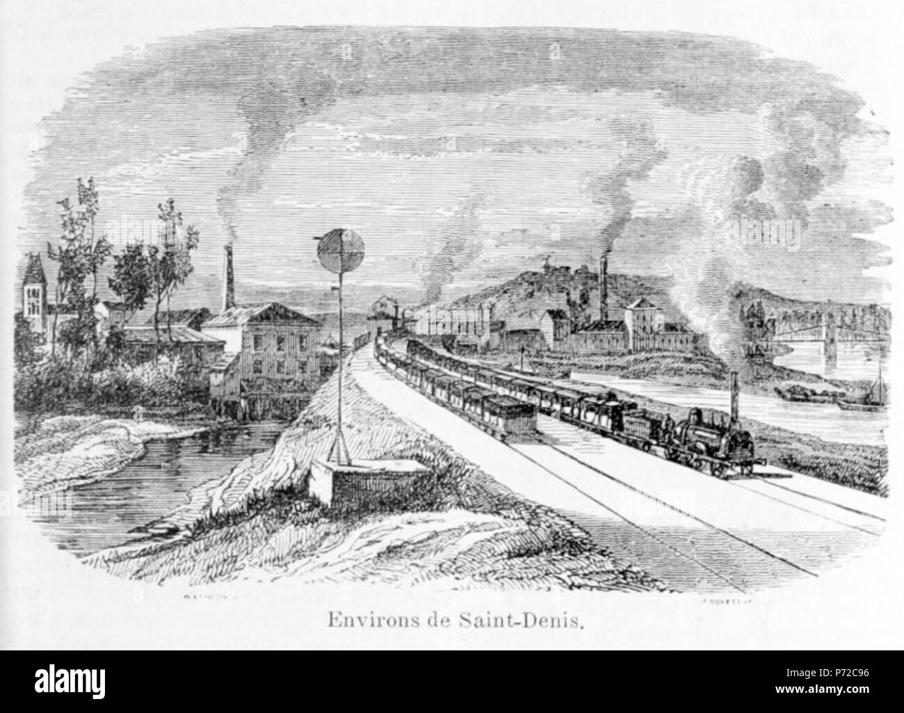 Français : La stazione de Saint-Denis, du chemin de fer du Nord, vue artistique dessinée puis gravée. scansione gravure de 1856 22 Gare-Saint-Denis-rotocalco-1856 Foto Stock