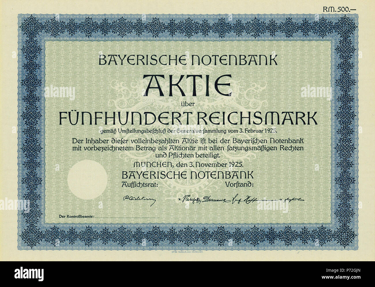 Inglese: Quota di Bayerische Notenbank, rilasciato 3. Novembre 1925 Deutsch: Aktie über 500 RM der Bayerischen Notenbank vom 3. Novembre 1925 . 3 Novembre 1925 1 Bayerische Notenbank 1925 Foto Stock