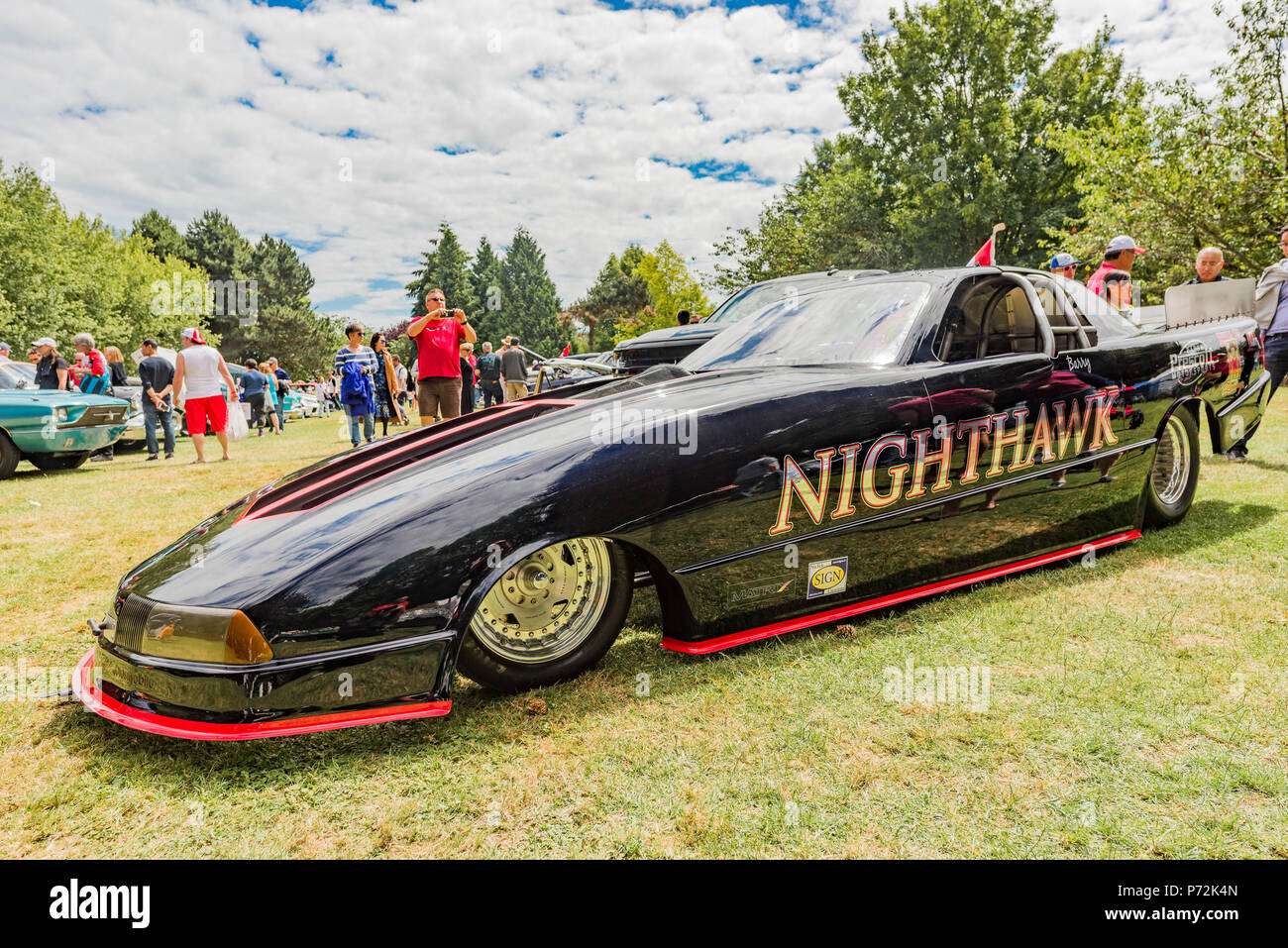 Nighthawk getto dragster con Pratt and Whitney motore aeronautico, Car Show, villaggio di Steveston, Richmond, British Columbia, Canada. Foto Stock