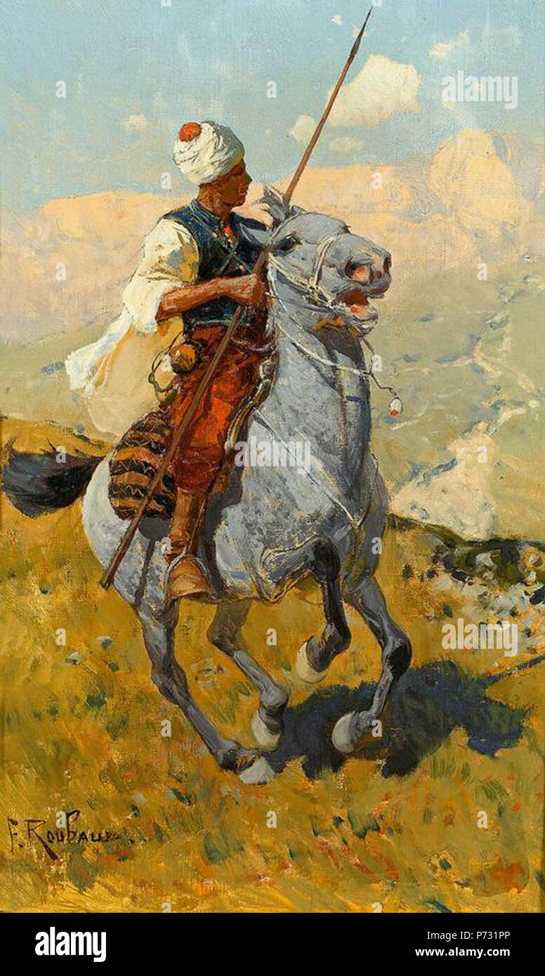 Bewaffneter Tscherkesse galoppiert auf blauem Pferd; Öl auf Leinwand; 45,5 x 28,5 cm . 124 Franz Roubaud Tscherkasse Foto Stock