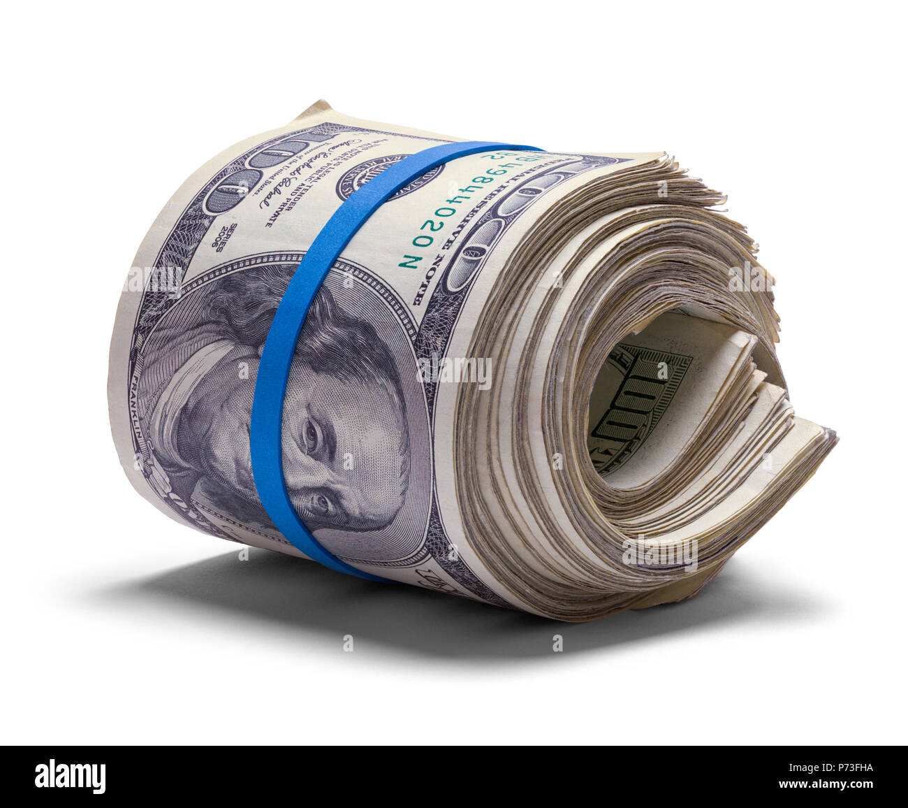 Il grasso di un centinaio di dollari di denaro Roll isolato su bianco. Foto Stock