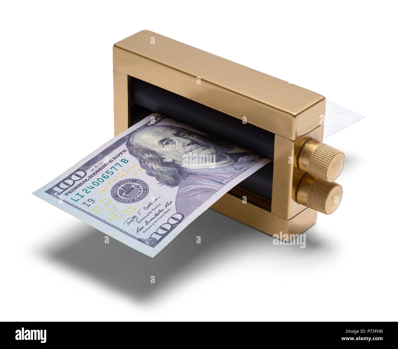 Oro Stampa Fare soldi isolato su bianco. Foto Stock