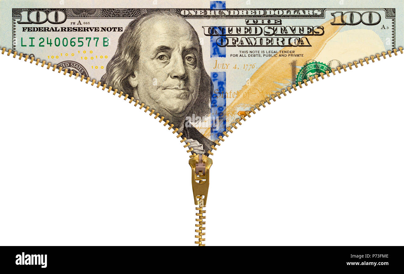 Un centinaio di dollari con cerniera lampo isolato su bianco. Foto Stock