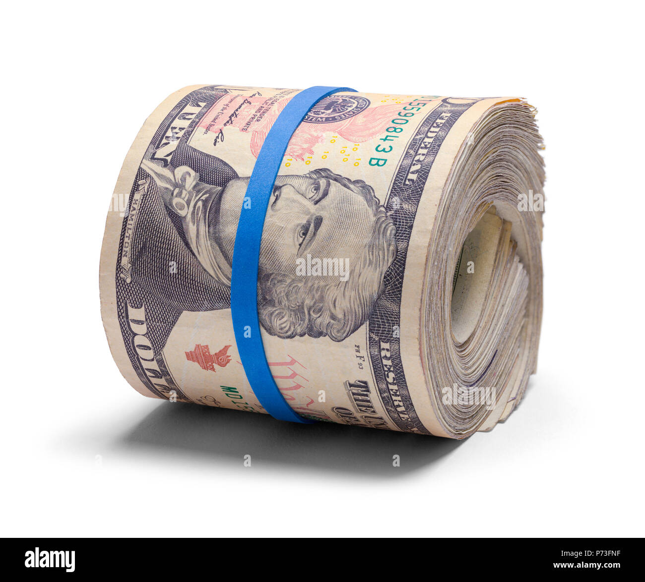 Dieci dollari di rotolo di contanti isolato su uno sfondo bianco. Foto Stock
